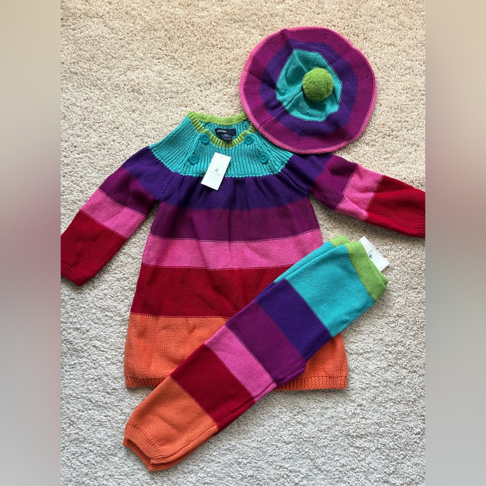 NWT Baby GAP Rainbow Stripe Tunic Sweater, Pant Leggings and Hat Set 🌈
